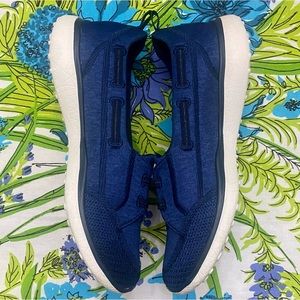 Skechers Air Cooled Memory Form Navy Blue Metallic Silver Boat Shoes Flats 6 1/2